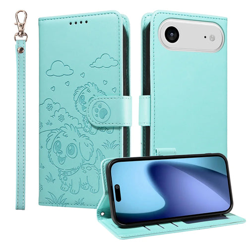 For iPhone Air Case RFID Blocking Imprinted Dog Pattern PU Leather Phone Cover with Wrist Strap - Green - 1
