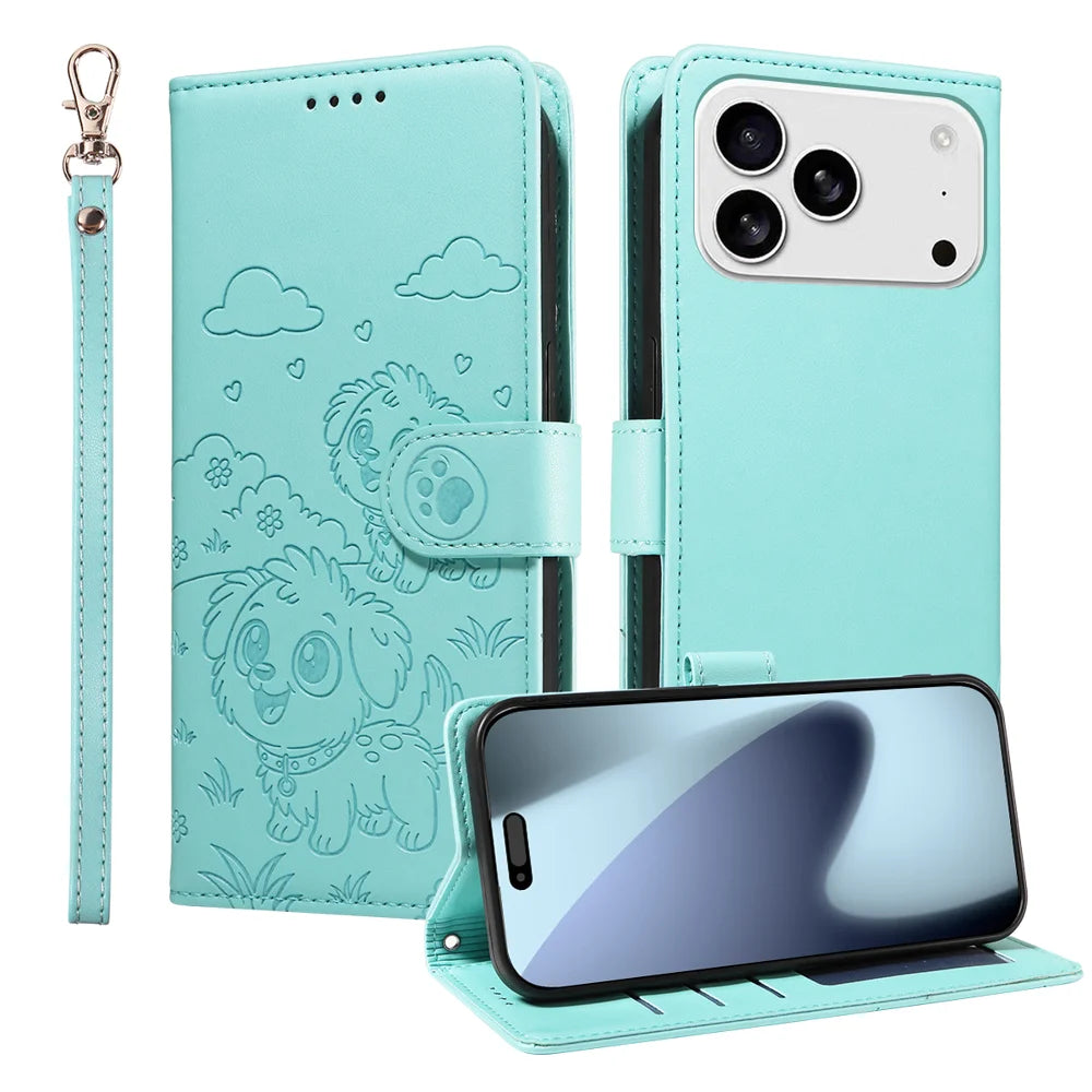For iPhone 18 Pro / 17 Pro Case RFID Blocking Imprinted Dog Pattern PU Leather Phone Cover with Wrist Strap - Green - 1