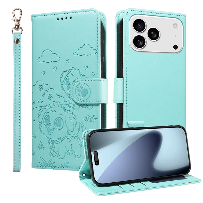 For iPhone 18 Pro / 17 Pro Case RFID Blocking Imprinted Dog Pattern PU Leather Phone Cover with Wrist Strap - Green - 1
