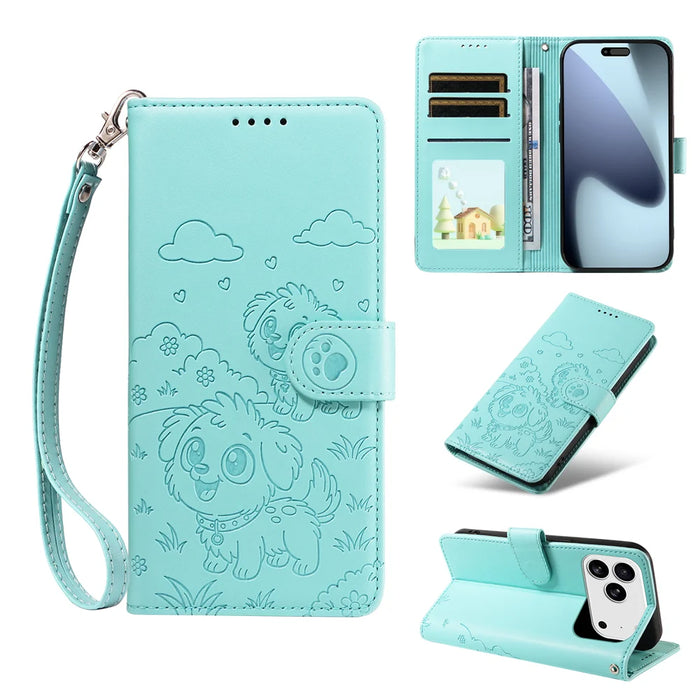 For iPhone 18 Pro / 17 Pro Case RFID Blocking Imprinted Dog Pattern PU Leather Phone Cover with Wrist Strap - Green - 2
