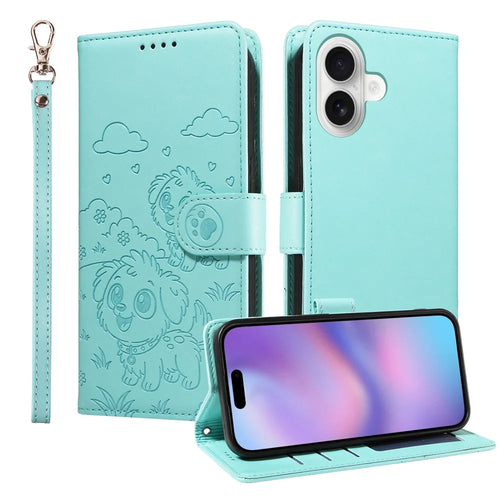 For iPhone 17 Case RFID Blocking Imprinted Dog Pattern PU Leather Phone Cover with Wrist Strap - Green - 1