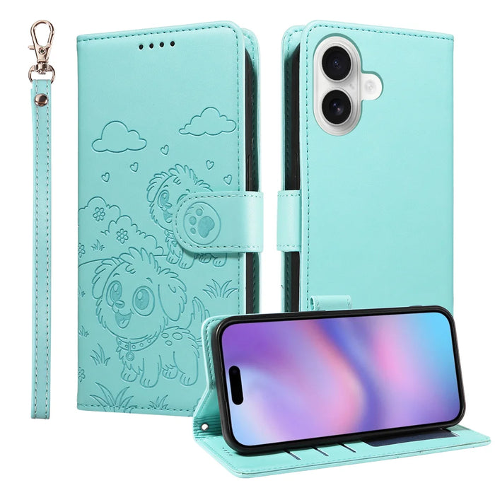 For iPhone 17 Case RFID Blocking Imprinted Dog Pattern PU Leather Phone Cover with Wrist Strap - Green - 1