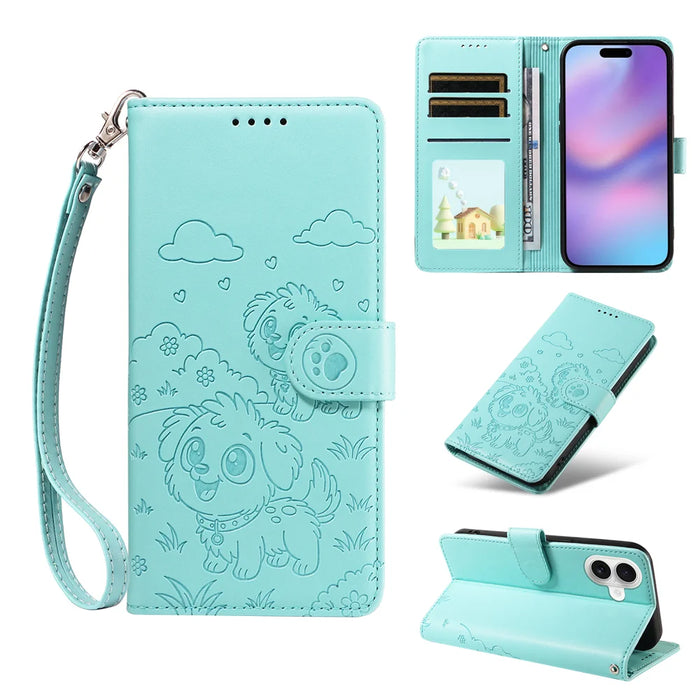 For iPhone 17 Case RFID Blocking Imprinted Dog Pattern PU Leather Phone Cover with Wrist Strap - Green - 2