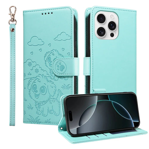 For iPhone 16 Pro Max Case RFID Blocking Imprinted Dog Pattern PU Leather Phone Cover with Wrist Strap - Green - 1