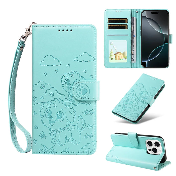 For iPhone 16 Pro Max Case RFID Blocking Imprinted Dog Pattern PU Leather Phone Cover with Wrist Strap - Green - 2