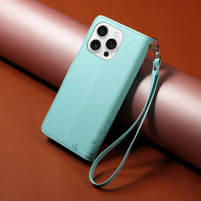 For iPhone 16 Pro Max Case RFID Blocking Imprinted Dog Pattern PU Leather Phone Cover with Wrist Strap - Green - 3