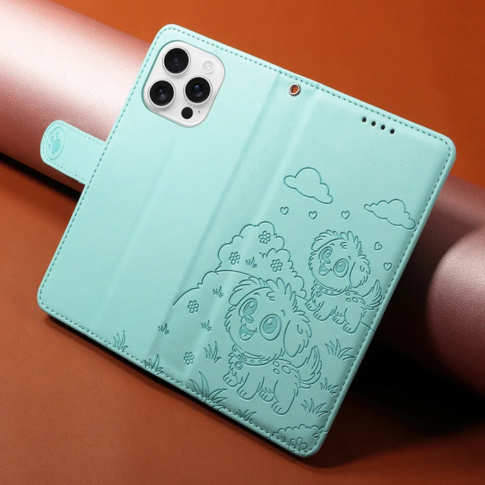For iPhone 16 Pro Max Case RFID Blocking Imprinted Dog Pattern PU Leather Phone Cover with Wrist Strap - Green - 4