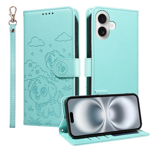 For iPhone 16 Plus Case RFID Blocking Imprinted Dog Pattern PU Leather Phone Cover with Wrist Strap - Green - 1