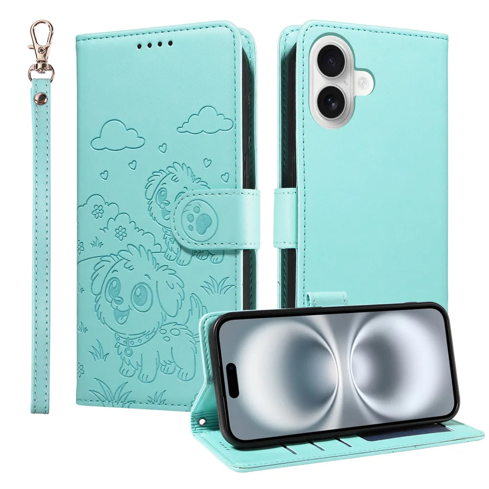 For iPhone 16 Plus Case RFID Blocking Imprinted Dog Pattern PU Leather Phone Cover with Wrist Strap - Green - 1