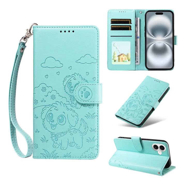 For iPhone 16 Plus Case RFID Blocking Imprinted Dog Pattern PU Leather Phone Cover with Wrist Strap - Green - 2