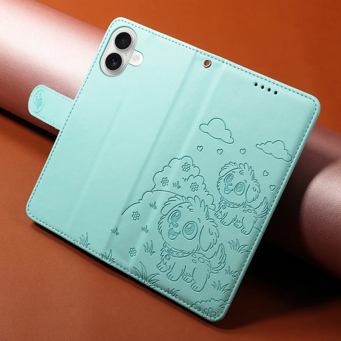For iPhone 16 Plus Case RFID Blocking Imprinted Dog Pattern PU Leather Phone Cover with Wrist Strap - Green - 4