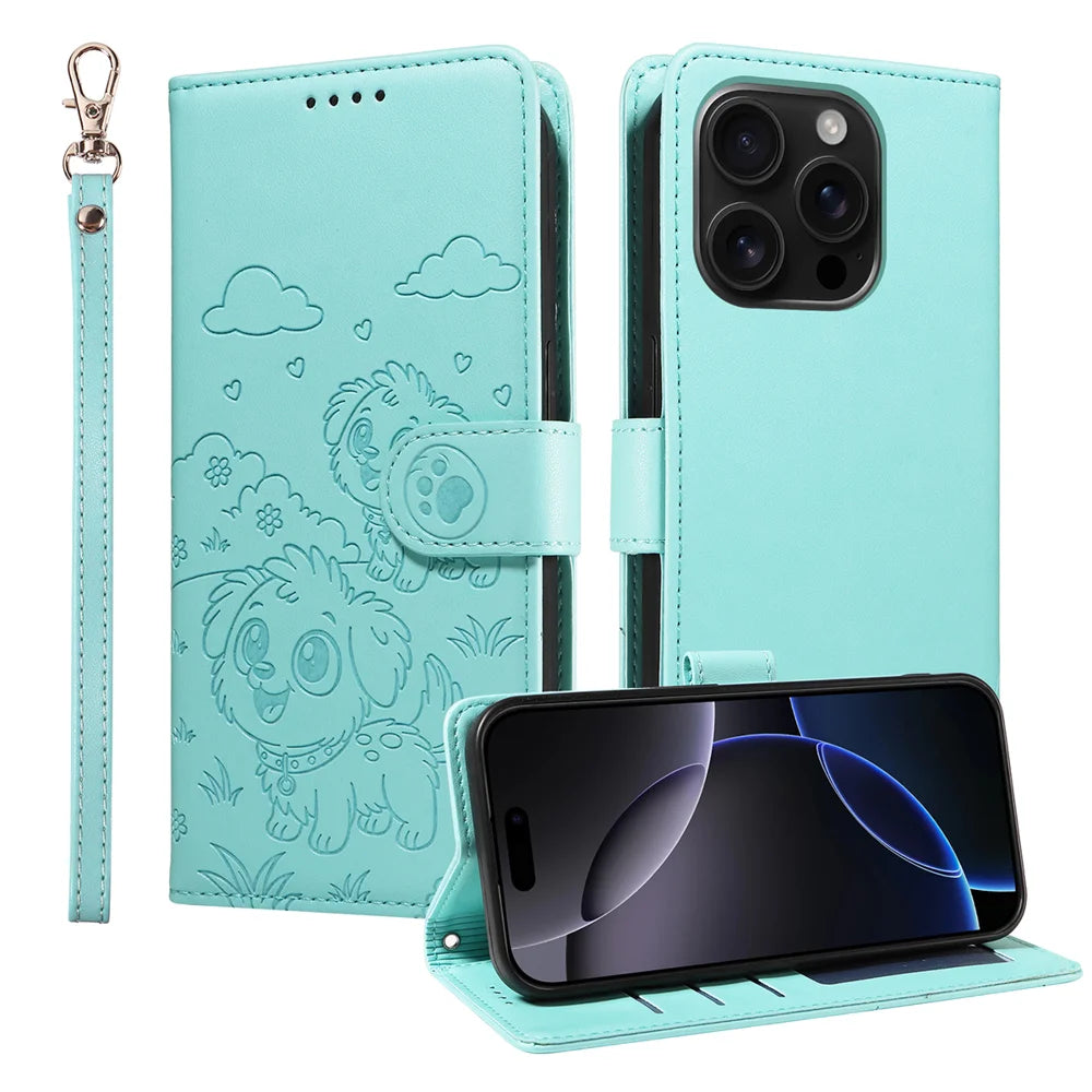 For iPhone 16 Pro Case RFID Blocking Imprinted Dog Pattern PU Leather Phone Cover with Wrist Strap - Green - 1