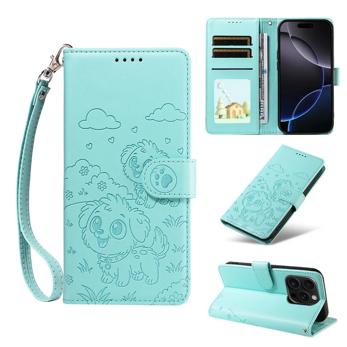 For iPhone 16 Pro Case RFID Blocking Imprinted Dog Pattern PU Leather Phone Cover with Wrist Strap - Green - 2