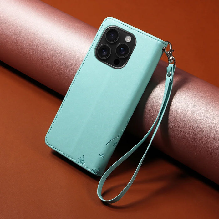 For iPhone 16 Pro Case RFID Blocking Imprinted Dog Pattern PU Leather Phone Cover with Wrist Strap - Green - 3