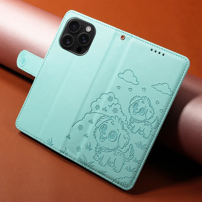 For iPhone 16 Pro Case RFID Blocking Imprinted Dog Pattern PU Leather Phone Cover with Wrist Strap - Green - 4