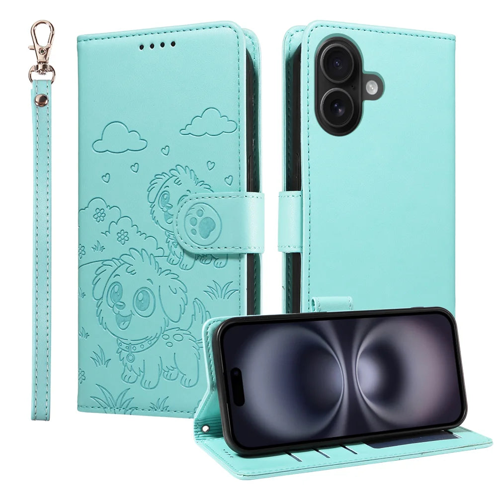 For iPhone 16 Case RFID Blocking Imprinted Dog Pattern PU Leather Phone Cover with Wrist Strap - Green - 1