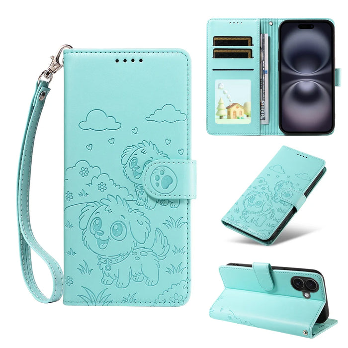 For iPhone 16 Case RFID Blocking Imprinted Dog Pattern PU Leather Phone Cover with Wrist Strap - Green - 2