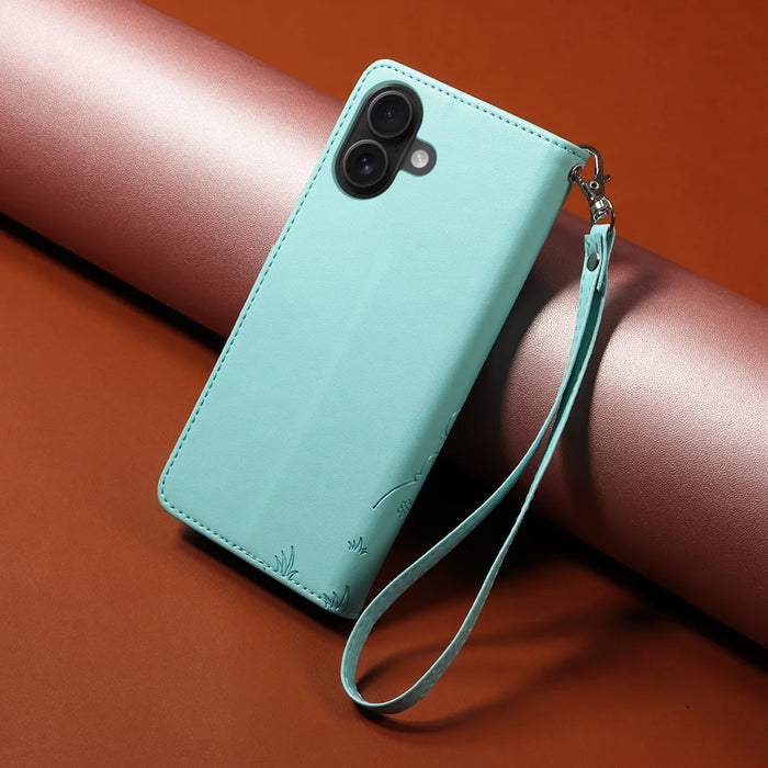 For iPhone 16 Case RFID Blocking Imprinted Dog Pattern PU Leather Phone Cover with Wrist Strap - Green - 3