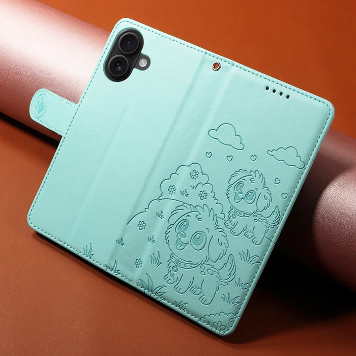 For iPhone 16 Case RFID Blocking Imprinted Dog Pattern PU Leather Phone Cover with Wrist Strap - Green - 4
