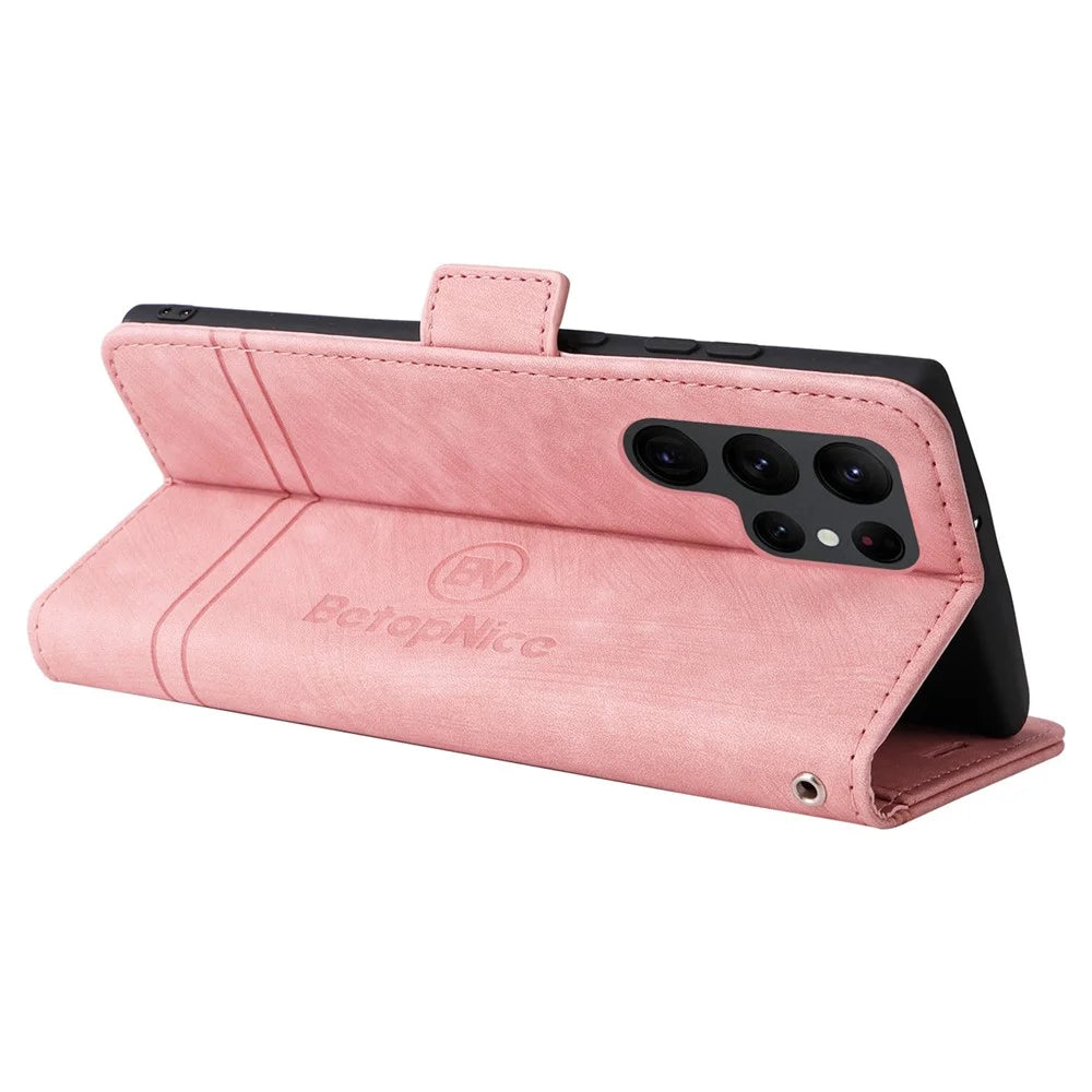 BETOPNICE 001 For Samsung Galaxy S23 Ultra Anti-scratch PU Leather Phone Case Wallet Stand Imprinted Stitching Line Inner TPU Phone Cover - Pink - 4