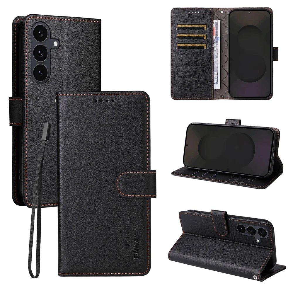 ENKAY HAT PRINCE For Samsung Galaxy S25 FE Wallet Case with Strap   RFID Blocking Leather Stand Phone Cover - Black - 1