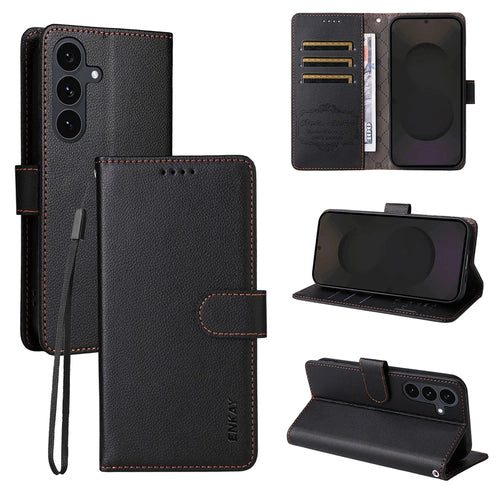 ENKAY HAT PRINCE For Samsung Galaxy S24+ / Galaxy S25+ Wallet Case with Strap   RFID Blocking Leather Stand Phone Cover - Black - 1