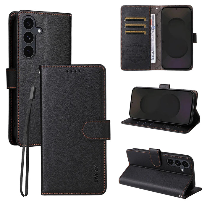 ENKAY HAT PRINCE For Samsung Galaxy S24+ / Galaxy S25+ Wallet Case with Strap   RFID Blocking Leather Stand Phone Cover - Black - 1