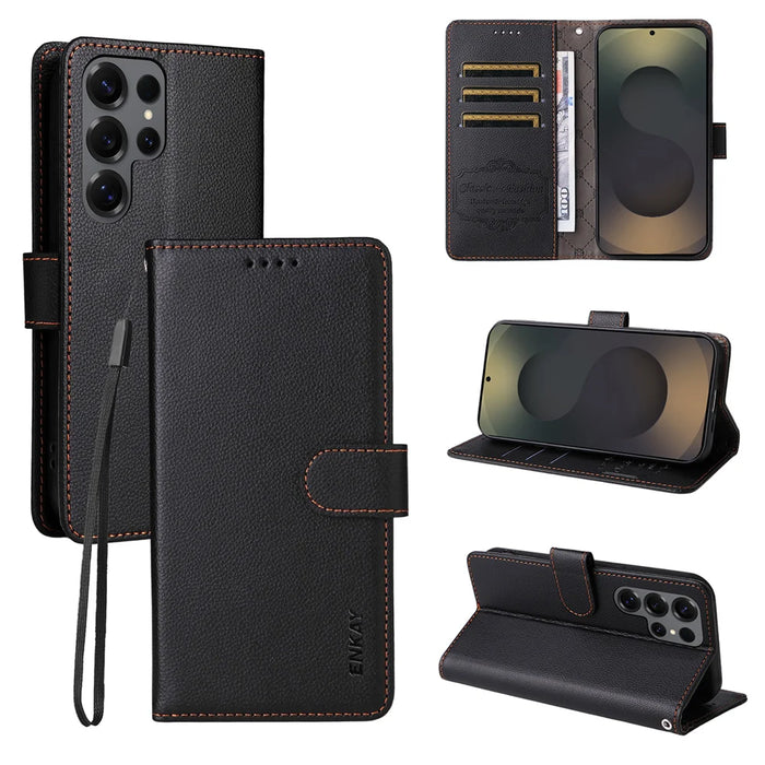 ENKAY HAT PRINCE For Samsung Galaxy S25 Ultra Wallet Case with Strap   RFID Blocking Leather Stand Phone Cover - Black - 1
