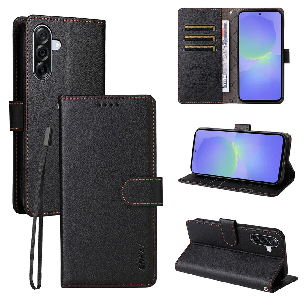 ENKAY HAT PRINCE For Samsung Galaxy A36 5G Wallet Case with Strap   RFID Blocking Leather Stand Phone Cover - Black - 1