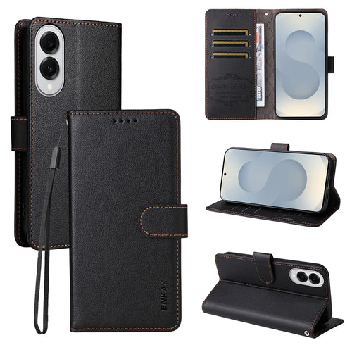 ENKAY HAT PRINCE For Samsung Galaxy S25 Edge Wallet Case with Strap   RFID Blocking Leather Stand Phone Cover - Black - 1