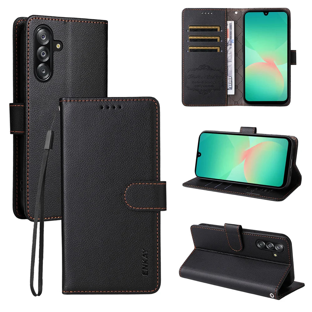 ENKAY HAT PRINCE For Samsung Galaxy A16 5G / A16 4G / A26 5G / A17 5G / A17 4G Wallet Case with Strap   RFID Blocking Leather Stand Phone Cover - Black - 1