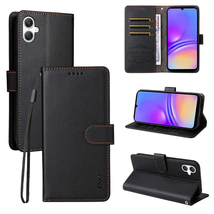ENKAY HAT PRINCE For Samsung Galaxy A07 4G Wallet Case with Strap   RFID Blocking Leather Stand Phone Cover - Black - 1