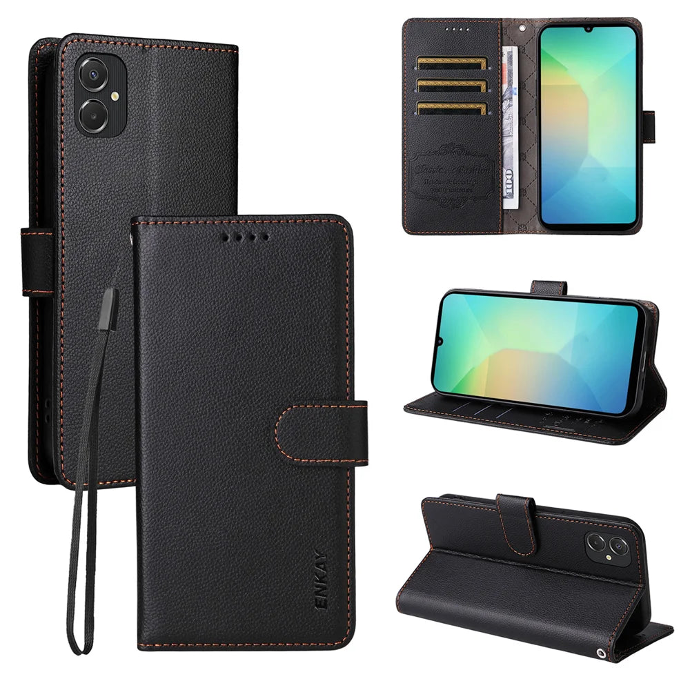 ENKAY HAT PRINCE For Samsung Galaxy A06 5G / Galaxy A06 4G Wallet Case with Strap   RFID Blocking Leather Stand Phone Cover - Black - 1