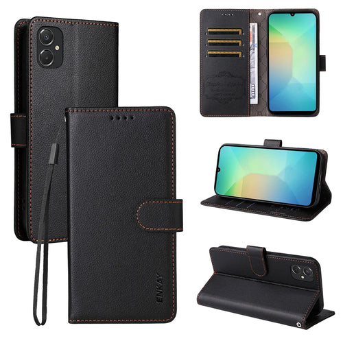 ENKAY HAT PRINCE For Samsung Galaxy A06 5G / Galaxy A06 4G Wallet Case with Strap   RFID Blocking Leather Stand Phone Cover - Black - 1