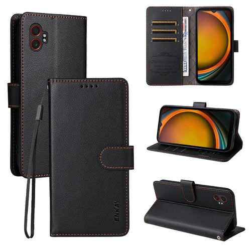 ENKAY HAT PRINCE For Samsung Galaxy Xcover6 Pro 5G / Galaxy XCover7 Pro Wallet Case with Strap   RFID Blocking Leather Stand Phone Cover - Black - 1