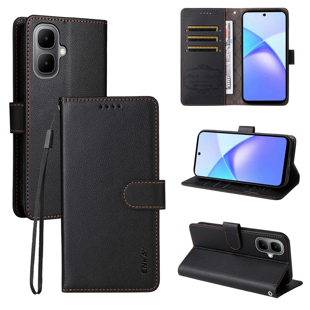 ENKAY HAT PRINCE For TECNO Pop 10 / TECNO Spark Go 2 4G / Infinix Smart 10 Wallet Case with Strap   RFID Blocking Leather Stand Phone Cover - Black - 1