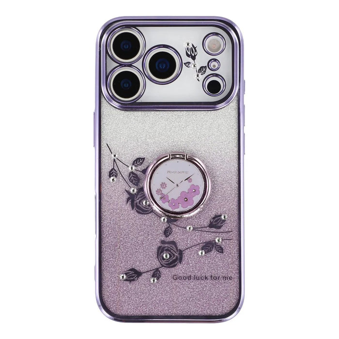 KADEM For iPhone 17 Pro Max Case Ring Kickstand TPU Flowers Phone Cover Gradient Glitter - Purple - 3