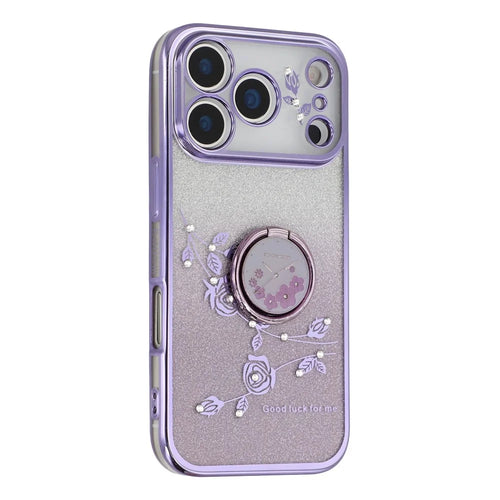 KADEM For iPhone 17 Pro Case Ring Kickstand TPU Flowers Phone Cover Gradient Glitter - Purple - 1
