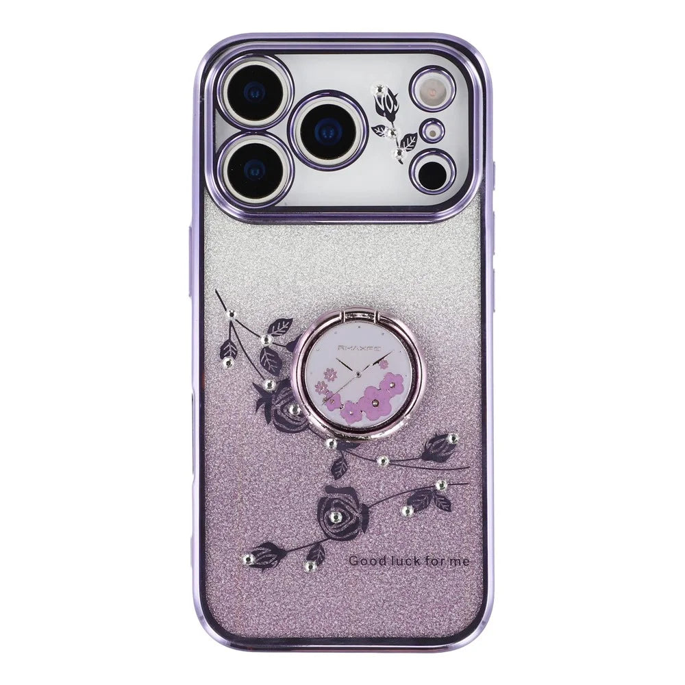 KADEM For iPhone 17 Pro Case Ring Kickstand TPU Flowers Phone Cover Gradient Glitter - Purple - 3