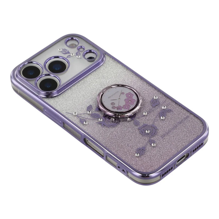 KADEM For iPhone 17 Pro Case Ring Kickstand TPU Flowers Phone Cover Gradient Glitter - Purple - 5