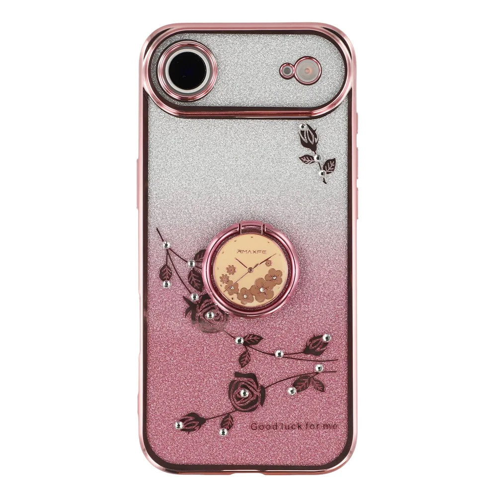 KADEM For iPhone Air Case Ring Kickstand TPU Flowers Phone Cover Gradient Glitter - Rose Gold - 3
