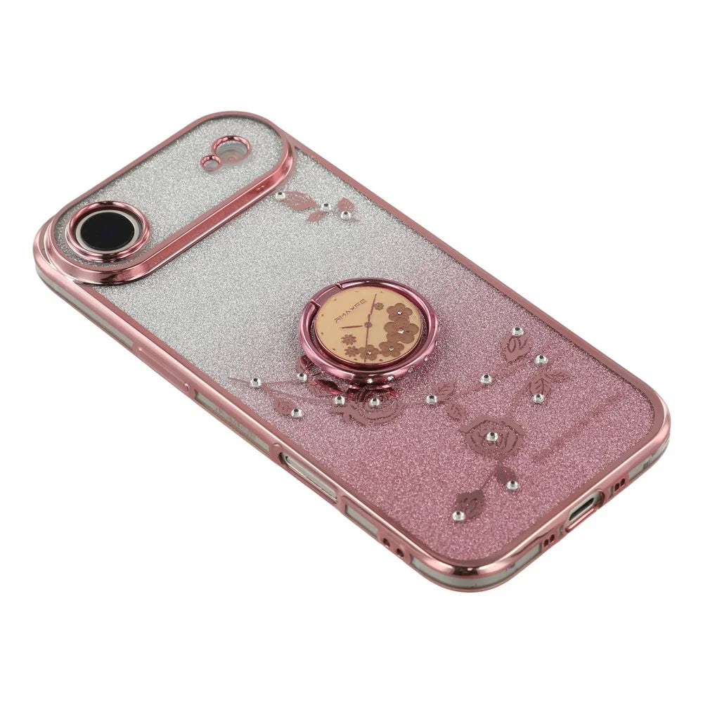 KADEM For iPhone Air Case Ring Kickstand TPU Flowers Phone Cover Gradient Glitter - Rose Gold - 5