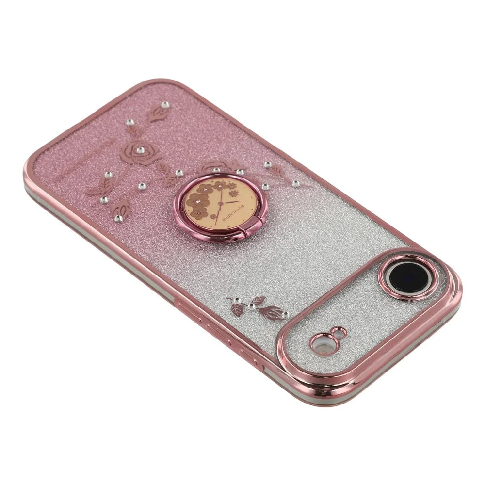 KADEM For iPhone Air Case Ring Kickstand TPU Flowers Phone Cover Gradient Glitter - Rose Gold - 6