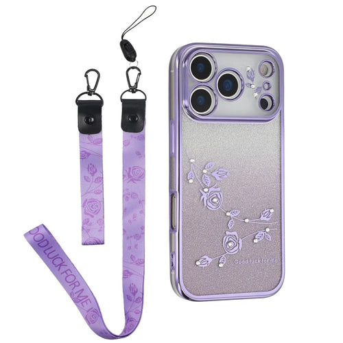 KADEM For iPhone 17 Pro Max Case Flower Pattern TPU Gradient Phone Cover with Lanyards - Purple - 1