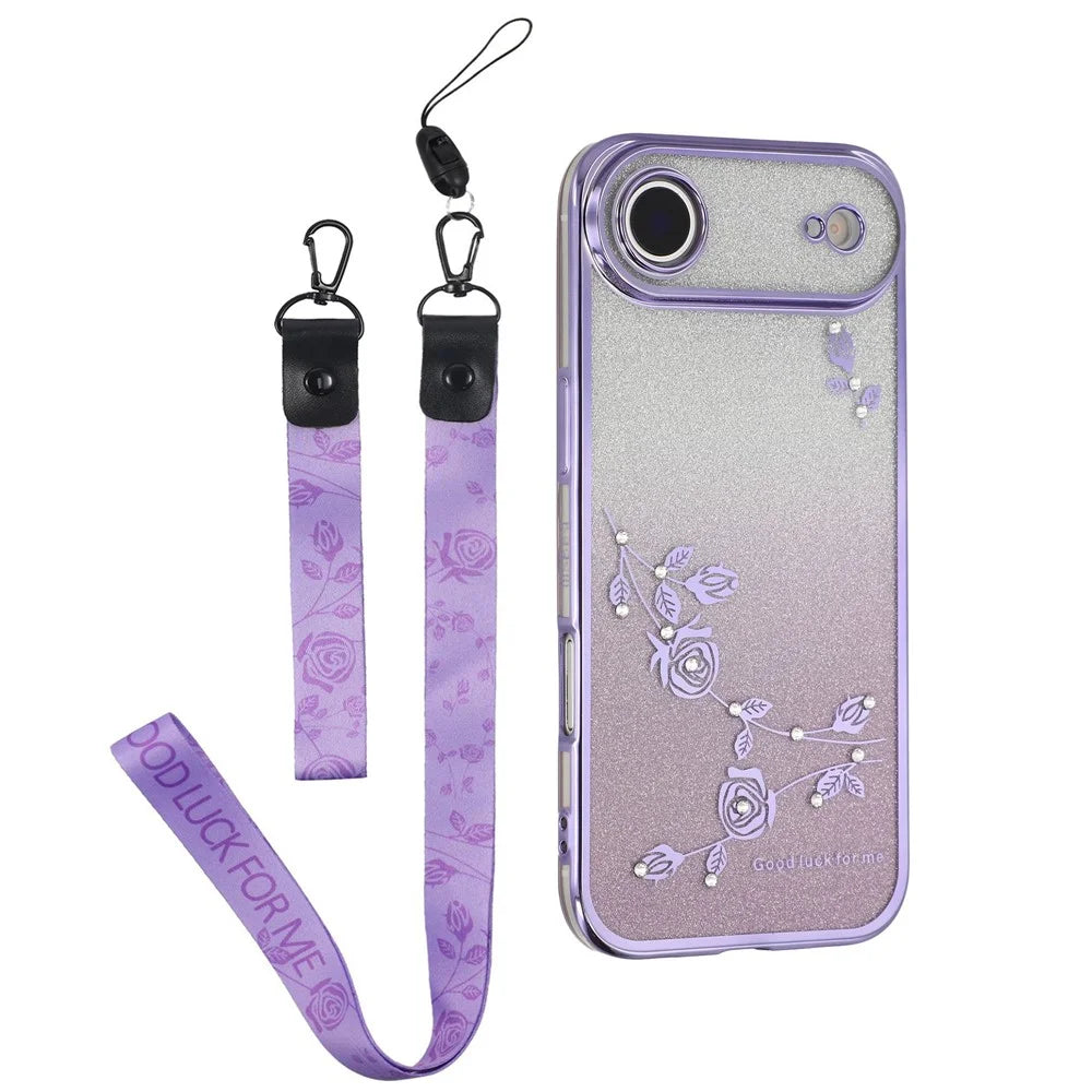 KADEM For iPhone Air Case Flower Pattern TPU Gradient Phone Cover with Lanyards - Purple - 1