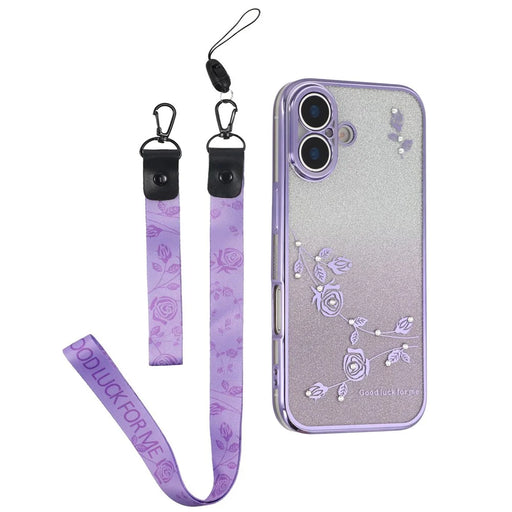 KADEM For iPhone 17 Case Flower Pattern TPU Gradient Phone Cover with Lanyards - Purple - 1
