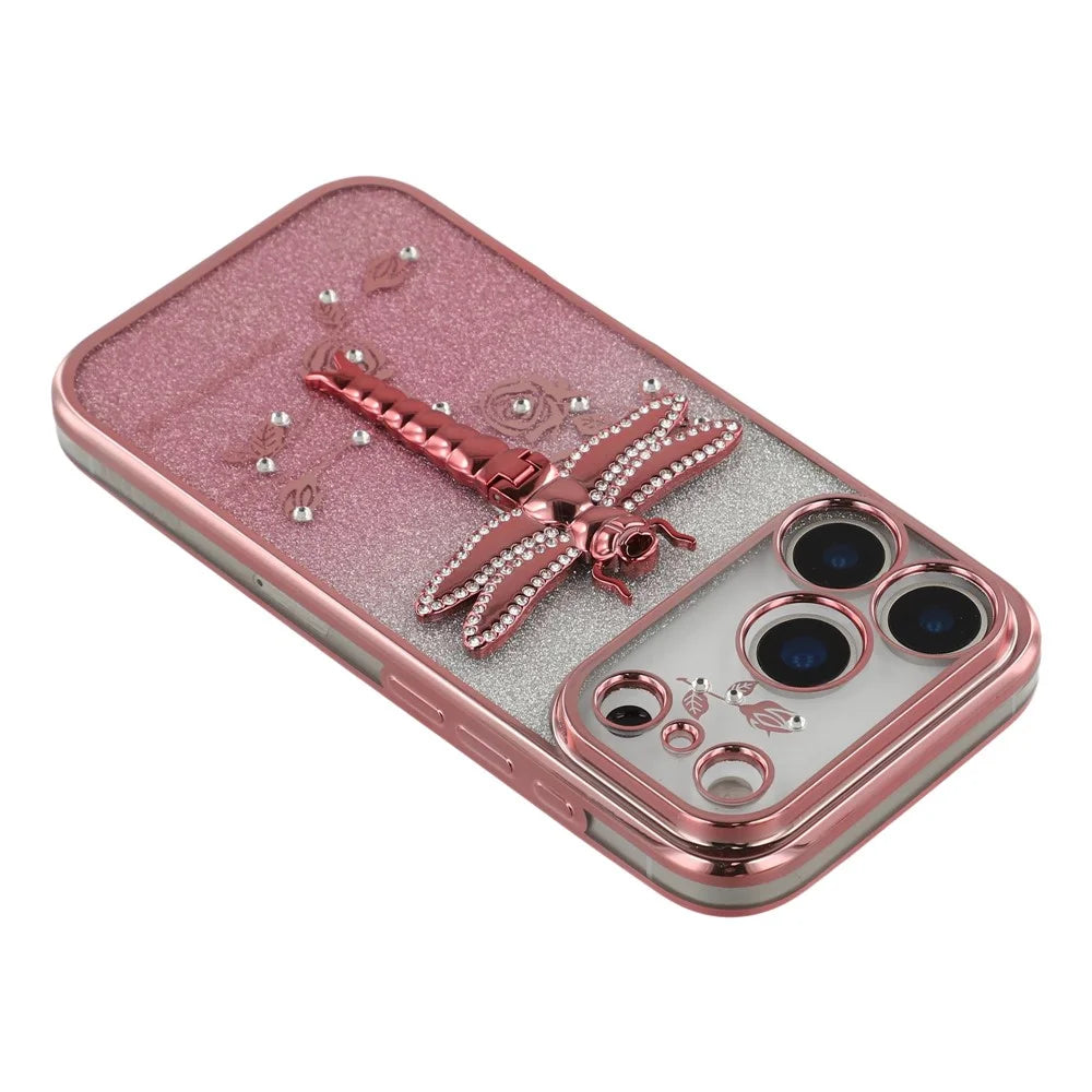 KADEM For iPhone 17 Pro Max Case Dragonfly Kickstand TPU Flowers Glitter Phone Cover - Pink - 6