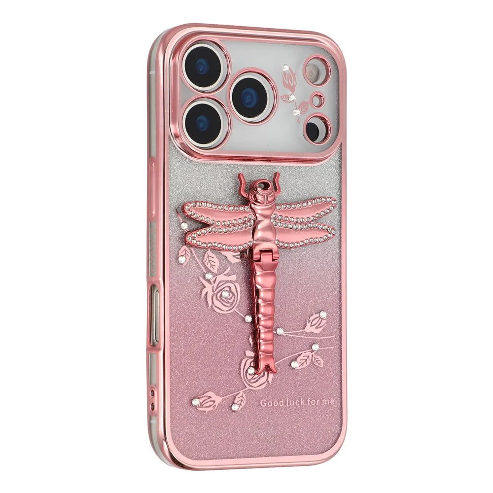 KADEM For iPhone 17 Pro Case Dragonfly Kickstand TPU Flowers Glitter Phone Cover - Pink - 1