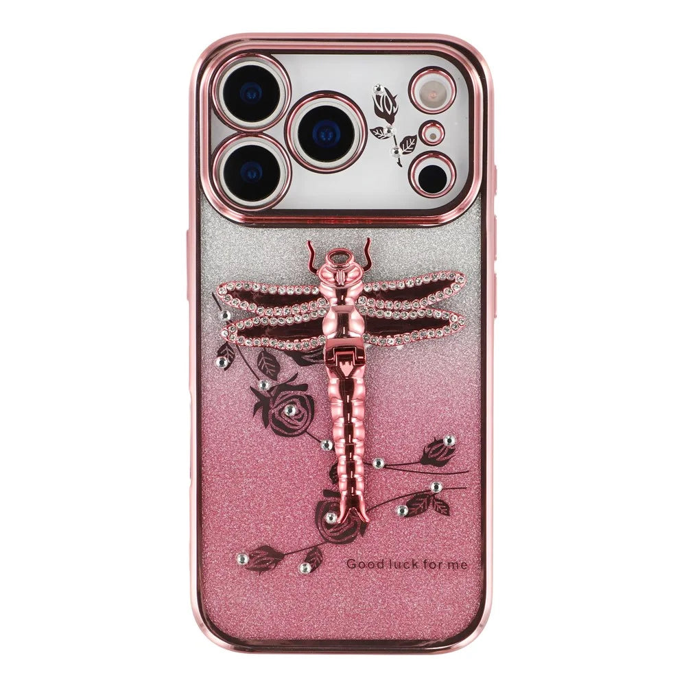 KADEM For iPhone 17 Pro Case Dragonfly Kickstand TPU Flowers Glitter Phone Cover - Pink - 3
