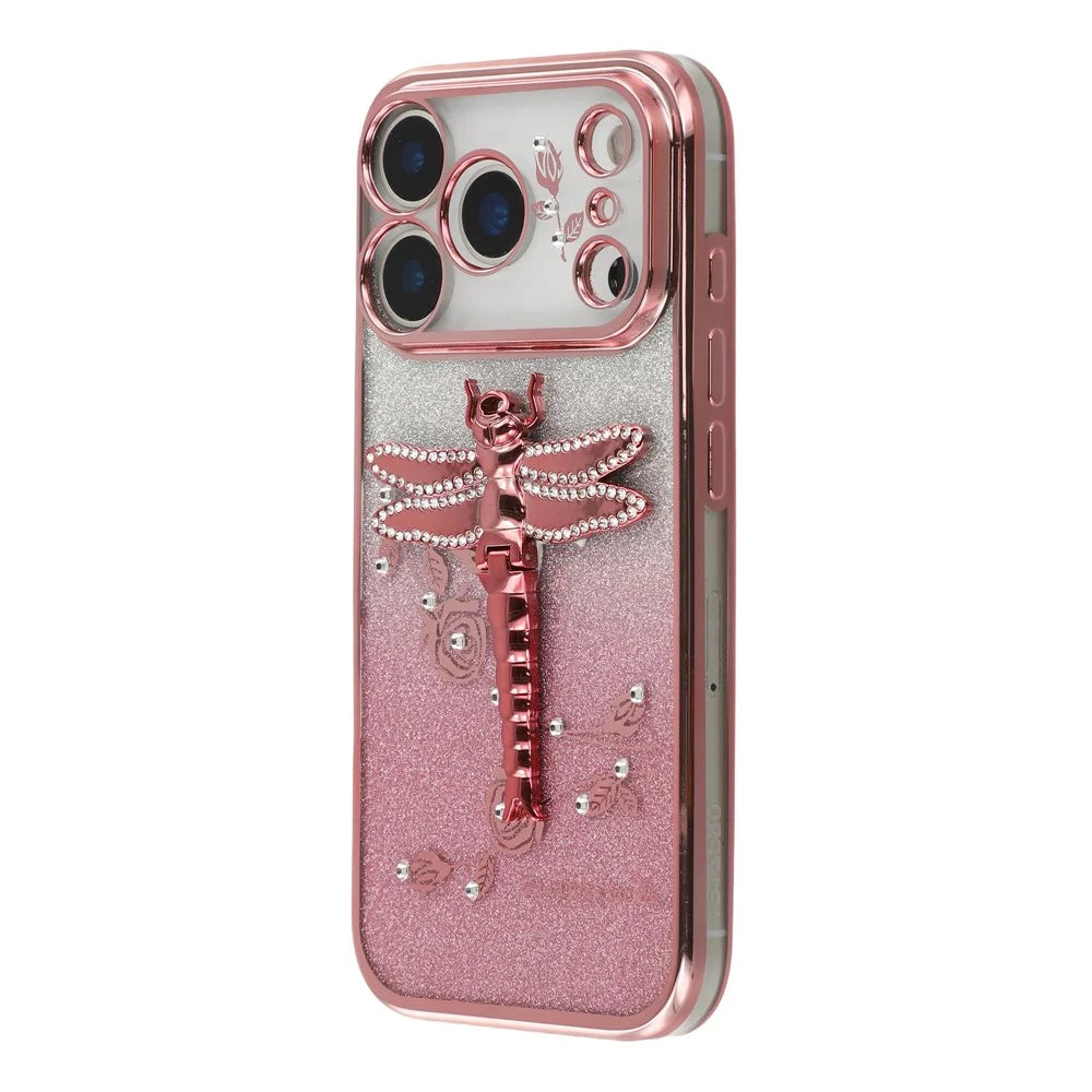 KADEM For iPhone 17 Pro Case Dragonfly Kickstand TPU Flowers Glitter Phone Cover - Pink - 4